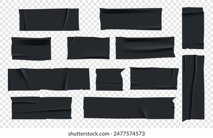 Vector set of 3D realistic black adhesive tape. Torn pieces of masking tape isolated on transparent background. PNG duct tape. 