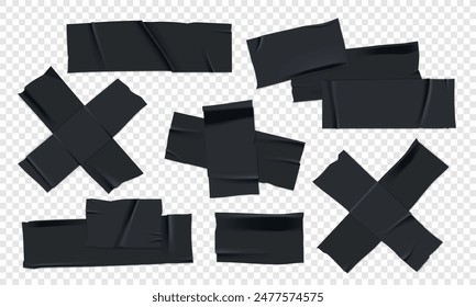 Vector set of 3D realistic black adhesive tape. Torn pieces of masking tape isolated on transparent background. PNG duct tape. 