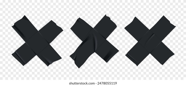 Vector set of 3D realistic black cross adhesive tape. Torn pieces of masking tape isolated on transparent background. PNG duct tape.