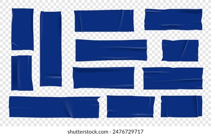 Vector set of 3D realistic blue adhesive tape. Torn pieces of masking tape isolated on transparent background. PNG duct tape. 