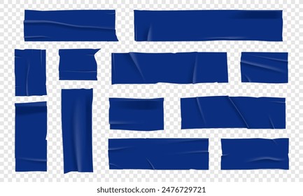 Vector set of 3D realistic blue adhesive tape. Torn pieces of masking tape isolated on transparent background. PNG duct tape. 