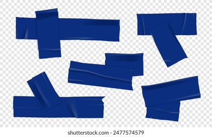 Vector set of 3D realistic blue adhesive tape. Torn pieces of masking tape isolated on transparent background. PNG duct tape. 