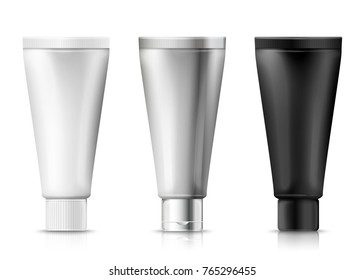 Conjunto de vectores - Tubos de crema realistas 3d, blanco plástico, aluminio y negro sobre las tapas. Maqueta para la marca del paquete de productos.
