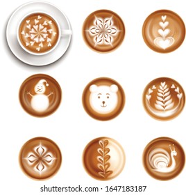 Vector set with 3d realistic different types of coffee in white cups. Collection of top views of mugs of cappuccino, latte, espresso, cocoa for cafe menu design, poster, mock up design template.