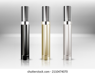 Vector set - 3d realistic foam bottles with and silver  plastic caps. Mock-up for product package branding.