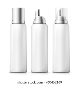 Vector set - 3d realistic foam bottles with silver and plastic caps. Mock-up for product package branding.