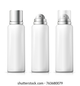 Conjunto vectorial - Botellas de espuma 3d realistas con tapas de plata y plástico. Maqueta para la marca del paquete de productos.