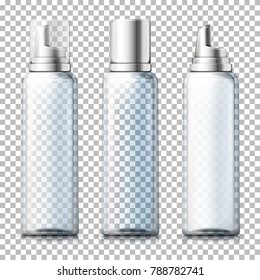 Vector set - 3d realistic foam bottles with silver and plastic caps on plaid background. Mock-up for product package branding.