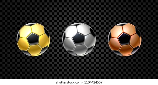 Vector set of 3d realistic football ball in golden, silver and bronze color for soccer isolated on transparent background. Reward, trophy, prize. Game equipment. Sports and competition theme.