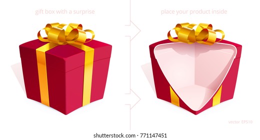 Conjunto de Vector de cajas de regalo realistas 3D con un arco dorado. La caja roja del carmesí está abierta con el corte para mostrar cualquier producto oculto de la joyería. Los contenedores están diseñados para una doble página para lograr un efecto de sorpresa.