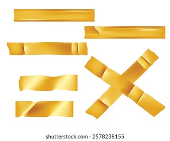 Vector set of 3D realistic golden adhesive tape. Torn pieces of masking tape isolated on transparent background. Vector illustration