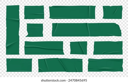 Conjunto de Vector de cinta adhesiva verde 3D realista. Trozos rotos de cinta adhesiva aislados sobre fondo transparente. Cinta adhesiva PNG. 