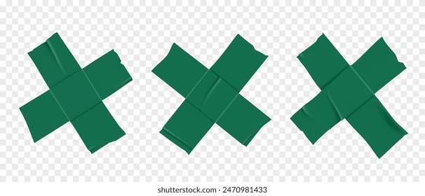 Vector set of 3D realistic green cross adhesive tape. Torn pieces of masking tape isolated on transparent background. PNG duct tape.