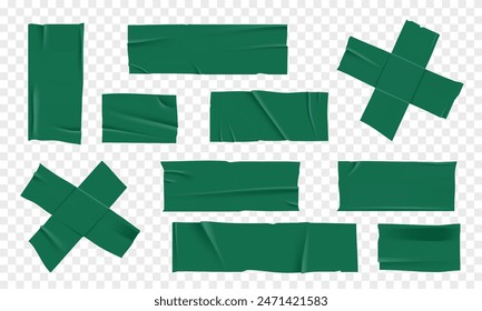 Conjunto de Vector de cinta adhesiva verde 3D realista. Trozos rotos de cinta adhesiva aislados sobre fondo transparente. Cinta adhesiva PNG. 