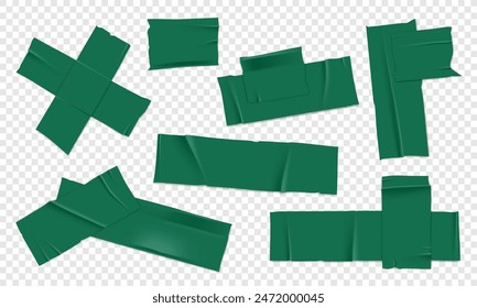 Conjunto de Vector de cinta adhesiva verde 3D realista. Trozos rotos de cinta adhesiva aislados sobre fondo transparente. Cinta adhesiva PNG. 