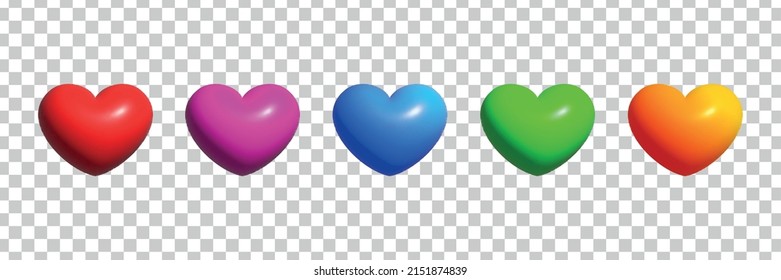 Vector set of 3D realistic isolated hearts on the transparent background.