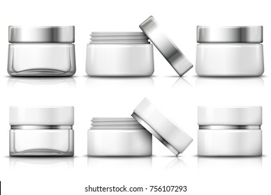 Vector set of 3d realistic jar for moisturizing cream. Transparent glass, plastic white, open jar. Mock-up for product package branding. On white background.