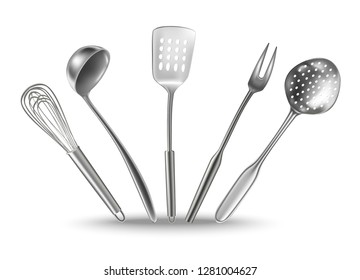 Vector set of 3d realistic kitchen utensils. Corolla, scoop, meat knife, spatula.