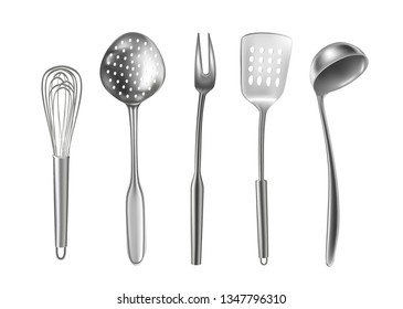 Vector set of 3d realistic kitchen utensils. Corolla, scoop, meat knife, spatula.