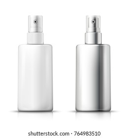 Vector set - 3d realistic plastic and metallic spray bottles with transparent cap, with reflection. Mock-up for product package branding.