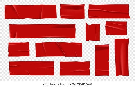 Vector set of 3D realistic red adhesive tape. Torn pieces of masking tape isolated on transparent background. PNG duct tape. 