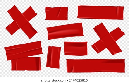 Conjunto de Vector de cinta adhesiva roja 3D realista. Trozos rotos de cinta adhesiva aislados sobre fondo transparente. Cinta adhesiva PNG. 