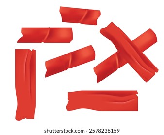 Vector set of 3D realistic red adhesive tape. Torn pieces of masking tape isolated on transparent background. Vector illustration