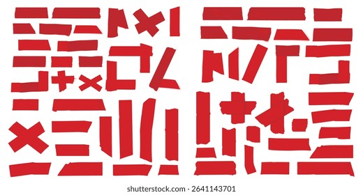 Vector set of 3D realistic red adhesive tape. Torn pieces of masking tape isolated on transparent background. PNG duct tape, Square and round stickers with glued texture.