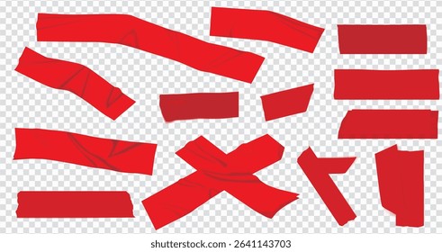 Vector set of 3D realistic red adhesive tape. Torn pieces of masking tape isolated on transparent background. PNG duct tape, Square and round stickers with glued texture.