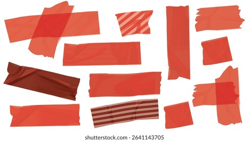 Vector set of 3D realistic red adhesive tape. Torn pieces of masking tape isolated on transparent background. PNG duct tape, Square and round stickers with glued texture.