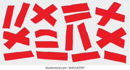 Vector set of 3D realistic red adhesive tape. Torn pieces of masking tape isolated on transparent background. PNG duct tape, Square and round stickers with glued texture.