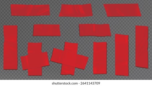 Vector set of 3D realistic red adhesive tape. Torn pieces of masking tape isolated on transparent background. PNG duct tape, Square and round stickers with glued texture.