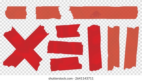 Vector set of 3D realistic red adhesive tape. Torn pieces of masking tape isolated on transparent background. PNG duct tape, Square and round stickers with glued texture.