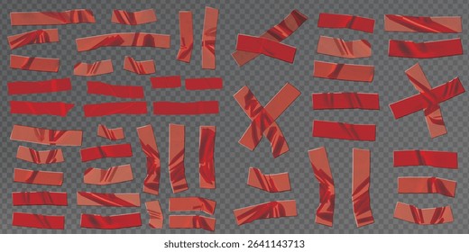 Vector set of 3D realistic red adhesive tape. Torn pieces of masking tape isolated on transparent background. PNG duct tape, Square and round stickers with glued texture.