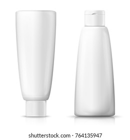 Vector set - 3d realistic shampoo bottles with different white caps. Mock-up for product package branding.