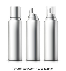Vector set - 3d realistic silver foam bottles with silver and plastic caps. Mock-up for product package branding.