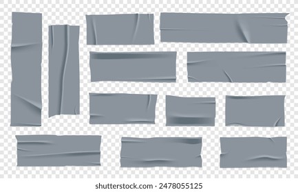 Vector set of 3D realistic silver adhesive tape. Torn pieces of masking tape isolated on transparent background. PNG duct tape. 