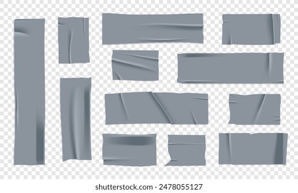 Conjunto de Vector de cinta adhesiva plateada 3D realista. Trozos rotos de cinta adhesiva aislados sobre fondo transparente. Cinta adhesiva PNG. 