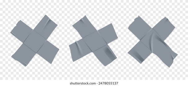 Vector set of 3D realistic silver cross adhesive tape. Torn pieces of masking tape isolated on transparent background. PNG duct tape.