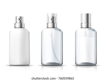 Vector set - 3d realistic spray bottles with silver and plastic caps. Mock-up for product package branding.