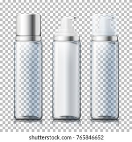 Vector set - 3d realistic transparent foam bottles with silver and plastic caps. Mock-up for product package branding.