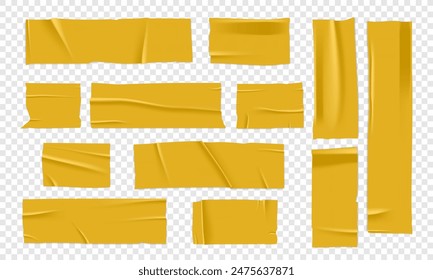 Vector set of 3D realistic yellow adhesive tape. Torn pieces of masking tape isolated on transparent background. PNG duct tape. 