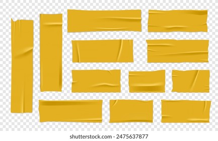 Vector set of 3D realistic yellow adhesive tape. Torn pieces of masking tape isolated on transparent background. PNG duct tape. 