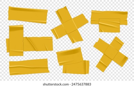 Vector set of 3D realistic yellow adhesive tape. Torn pieces of masking tape isolated on transparent background. PNG duct tape. 