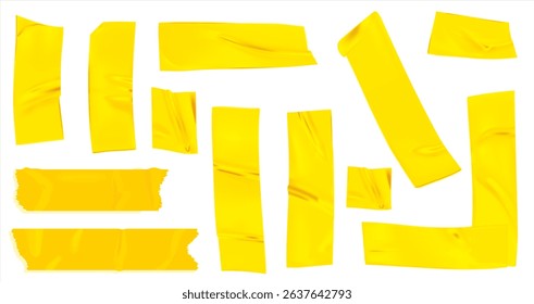 Vector set of 3D realistic yellow adhesive tape. Torn pieces of masking tape isolated on transparent background. PNG duct tape, Square and round stickers with glued texture,  tape with wrinkles