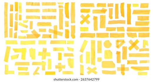 Vector set of 3D realistic yellow adhesive tape. Torn pieces of masking tape isolated on transparent background. PNG duct tape, Square and round stickers with glued texture,  tape with wrinkles