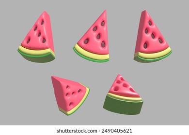 Vector set, 3d render piece of watermelon, isolated on pink background. Food icon. Red slice with black seeds and green skin. Vector illustration for postcard, icons, poster, banner, web, design, arts