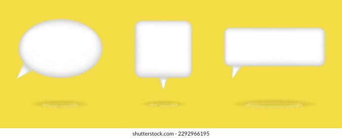 Vector set of 3d speech bubbles. White message dialog balloons on yellow background. 3d chat icons with shadow under them. Talking or chatting boxes.