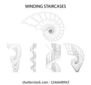 Vector set of 3d spiral winding staircases