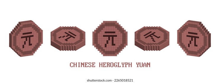 Vector set of 3d square coins made of pixels. Volumetric corner token of the yuan in different projections on a white isolated background.